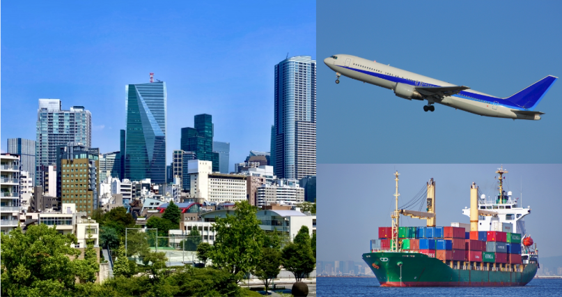 東京のビル群、飛行機、タンカー船が並んでいる