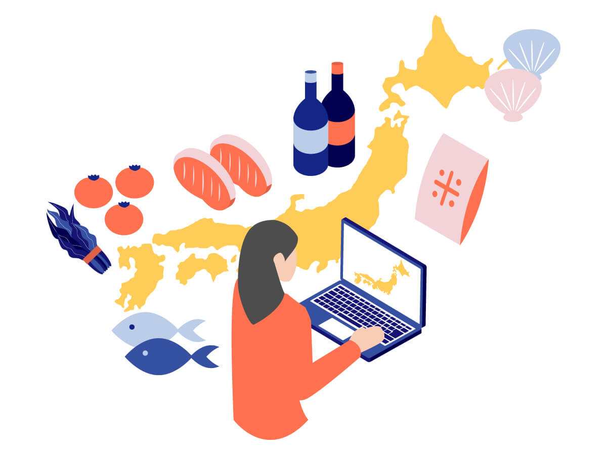 日本地図と各地の名産品イラストが並んでいるのとPCを操作する女性