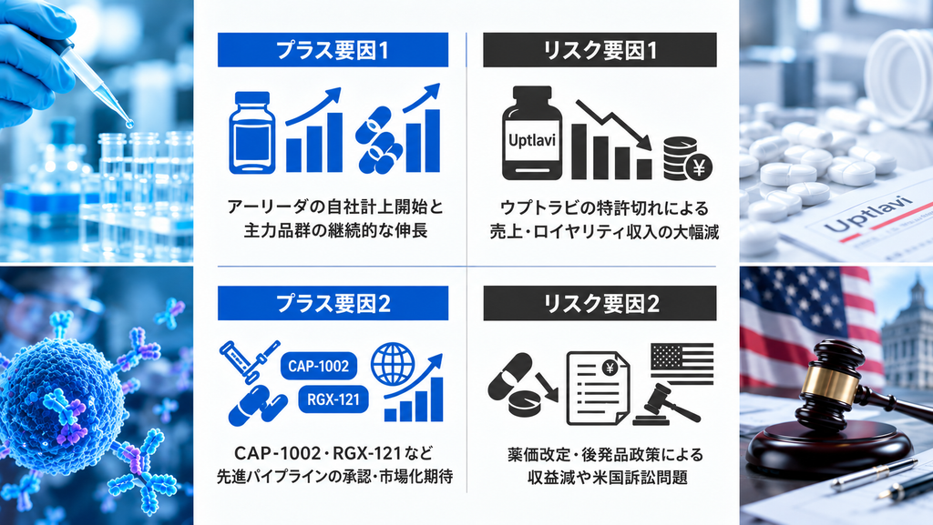 日本新薬の今後の業績に対するプラス要因2つとリスク要因2つ